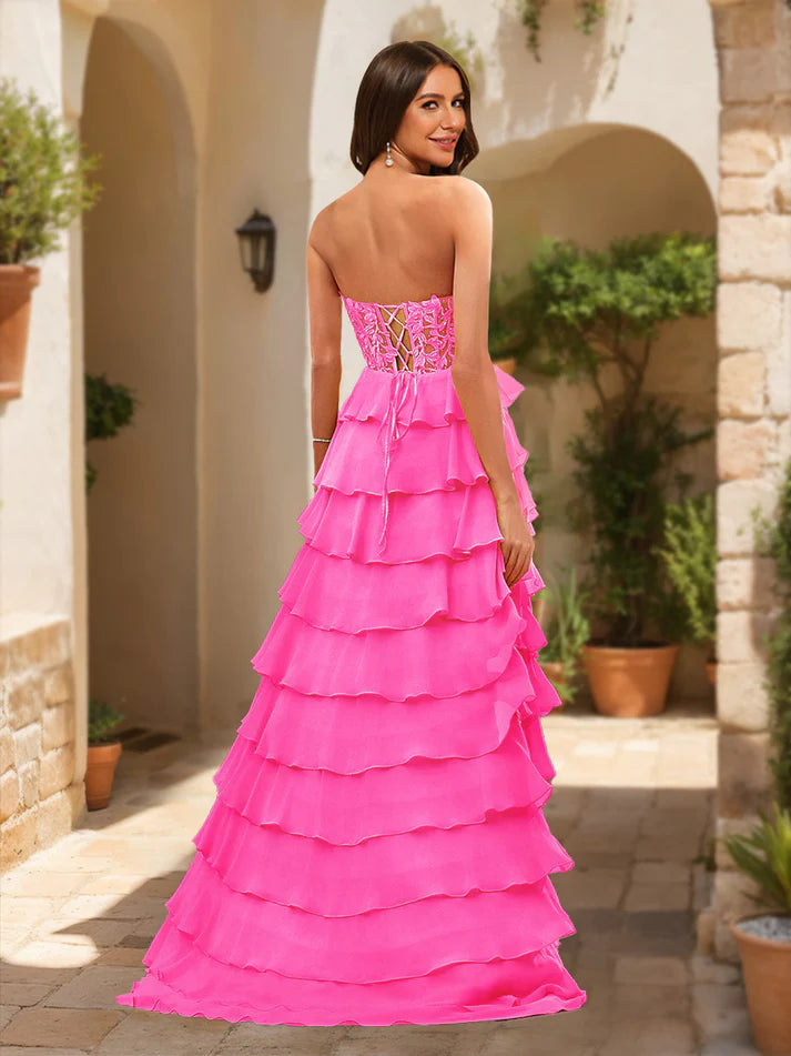A-Line/Princess Sweetheart Sheer Corset Appliques Ruffle Prom Dresses